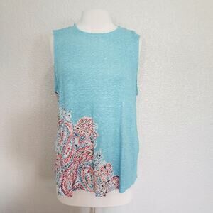 J. Jill Love Linen Baby Blue 100% Linen Floral Print Sleeveless Blouse Size L